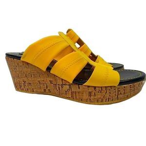 NEW Aj Valenci Yellow Stretch Strappy Platform Cork Heel Wedges‎ — SZ 7.5  NWOT